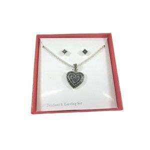 Vintage Faux Marcasite Heart Pendant Pierced Earrings Set 51771